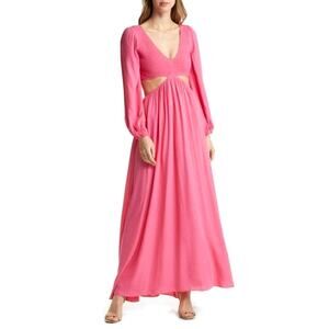 Vici Collection Smocked Cutout Long Sleeve Maxi Dress in Hot Pink
